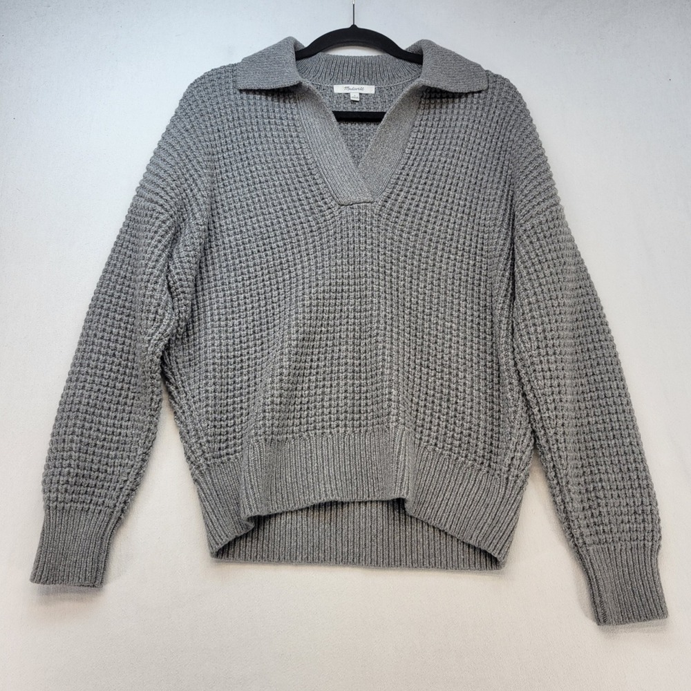 Madewell Polo Sweater Womens Small Gray Waffle Knit Cotton Merino Wool V-Neck